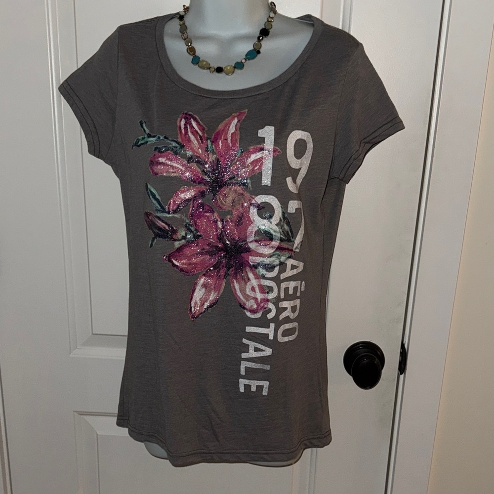 Aeropostale Charcoal Tee with Pink Floral Design
